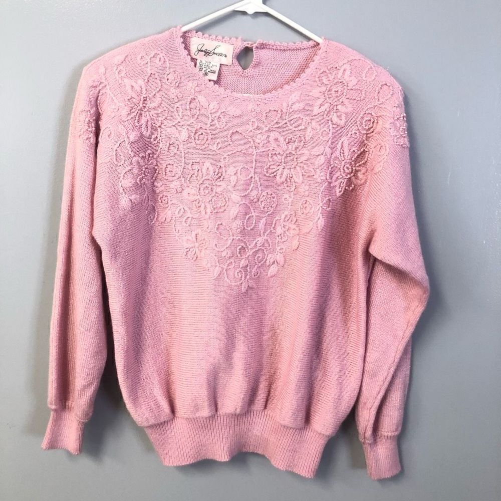 Jaclyn Smith Pink Floral Embroidered Crewneck Sweater
